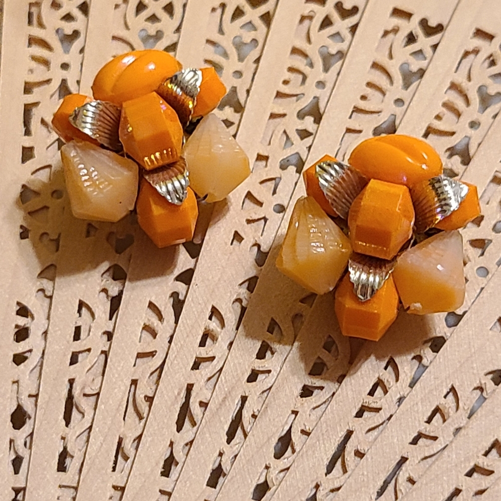 Vintage Orange Cluster Clip On Earrings